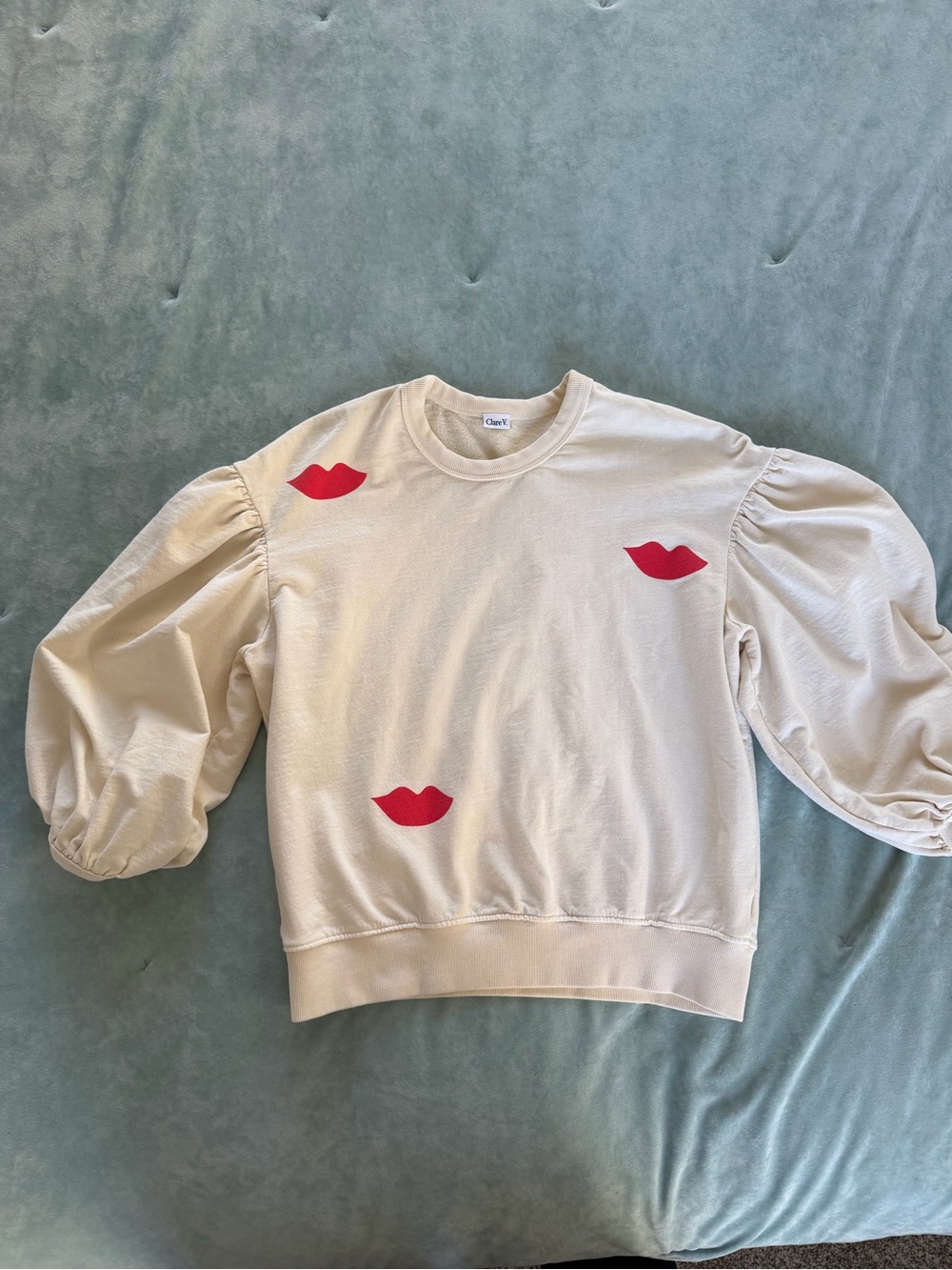 Clare V Cream Puff-Sleeve Sweatshirt with Red Lip Motif - Picture 5 of 8